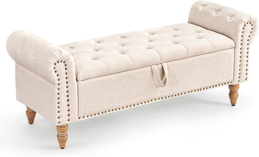 Furniliving Modern Storage Ottoman Bench, Sherpa Ottoman End of Bed Bench with Solid Wood Legs Upholstered Ottoman Benches with Storage Indoor Bench for Living Room with Rolled Arm, Entryway, White