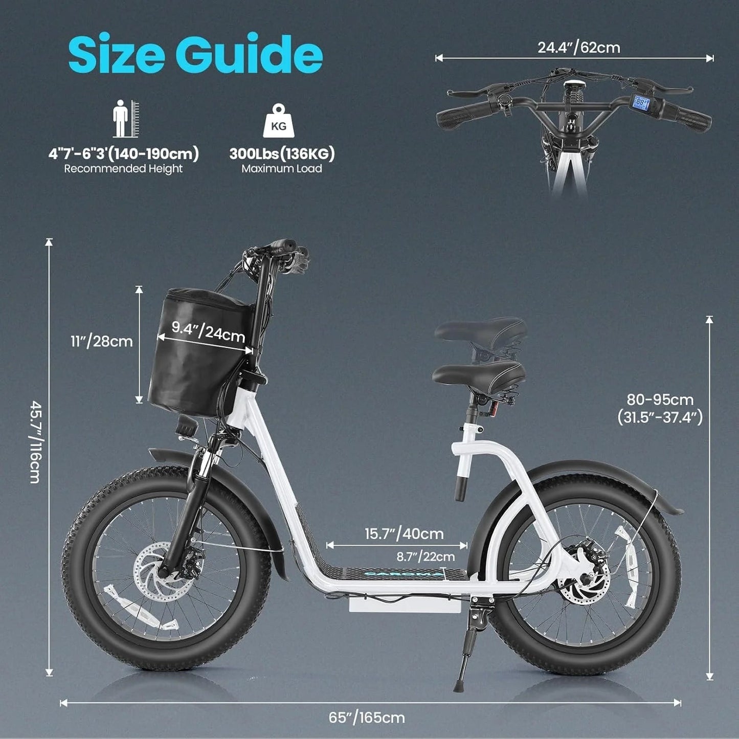 Caroma Peak 800W Foldable Adult Electric Scooter with 20-inch Wide Tires, 48V Battery, Basket, and Adjustable Seat