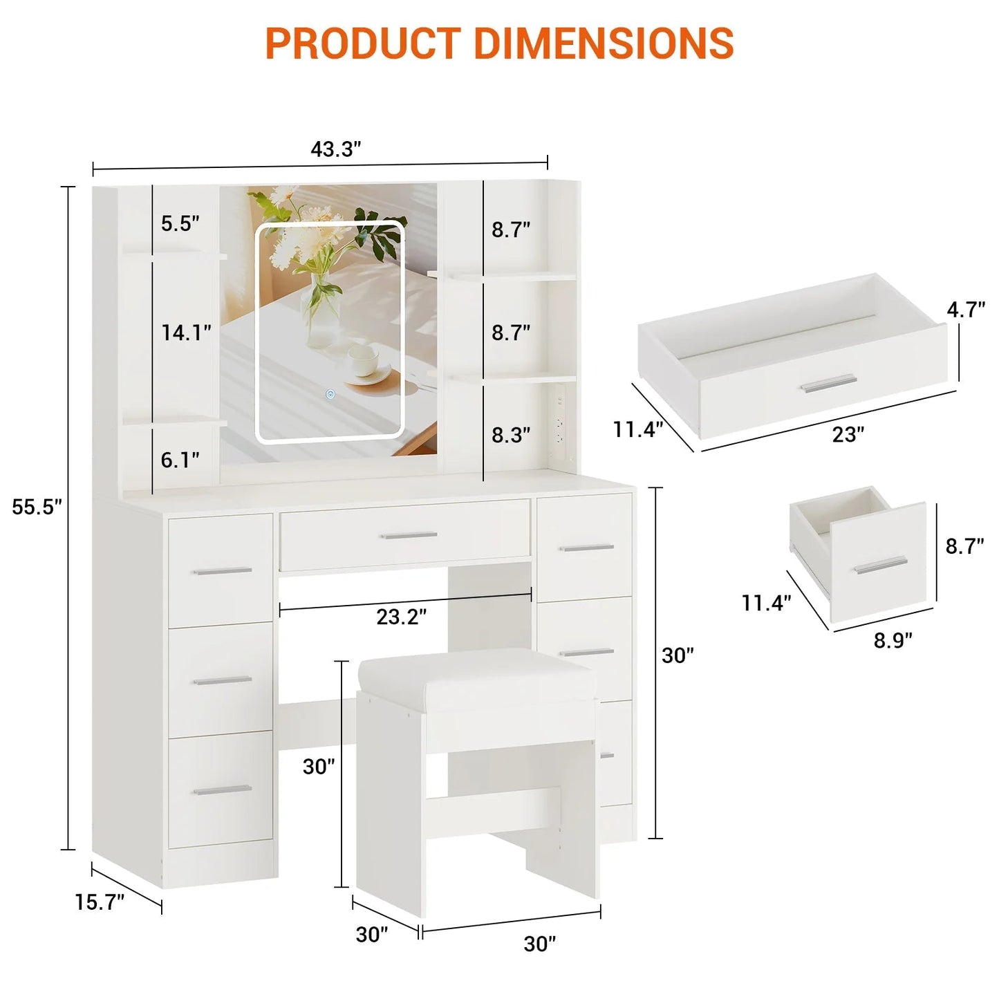 Garvee 43.3'' Vanity Desk Stool Set, Modern Makeup Table with Lighted Mirror, Power Outlet, 7 Drawers, 4 Open Shelves, White