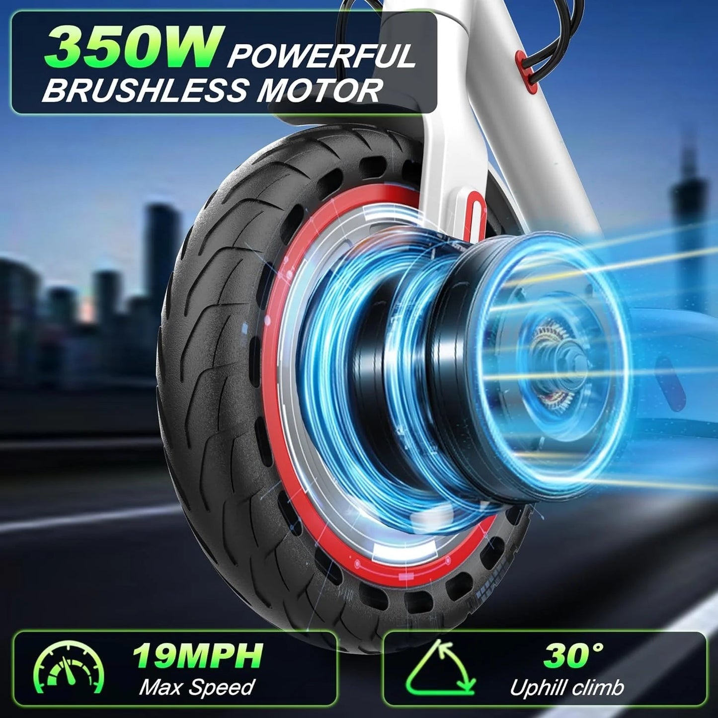 Electric Scooter - 8.5" Solid Tires, 350W Motor, Up to 19 MPH and 21-23 Miles Long-Range Portable Foldable Commuting Scooter for Adults with Double Braking System and App