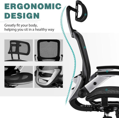 Ergonomic Mesh Office Chair, High Back Desk Chair - Adjustable Headrest with Flip Arm, Tilt Function, Lumbar Support and PU Wheels, Swivel Computer Work Chair