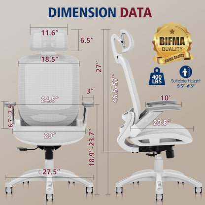 GABRYLLY Ergonomic Office Chair, High Back Home Desk Chair with Headrest, Flip-Up Arms, 90-120° Tilt Lock and Wide Cushion, Big and Tall Mesh Chairs for Man Woman, Black Task Chair