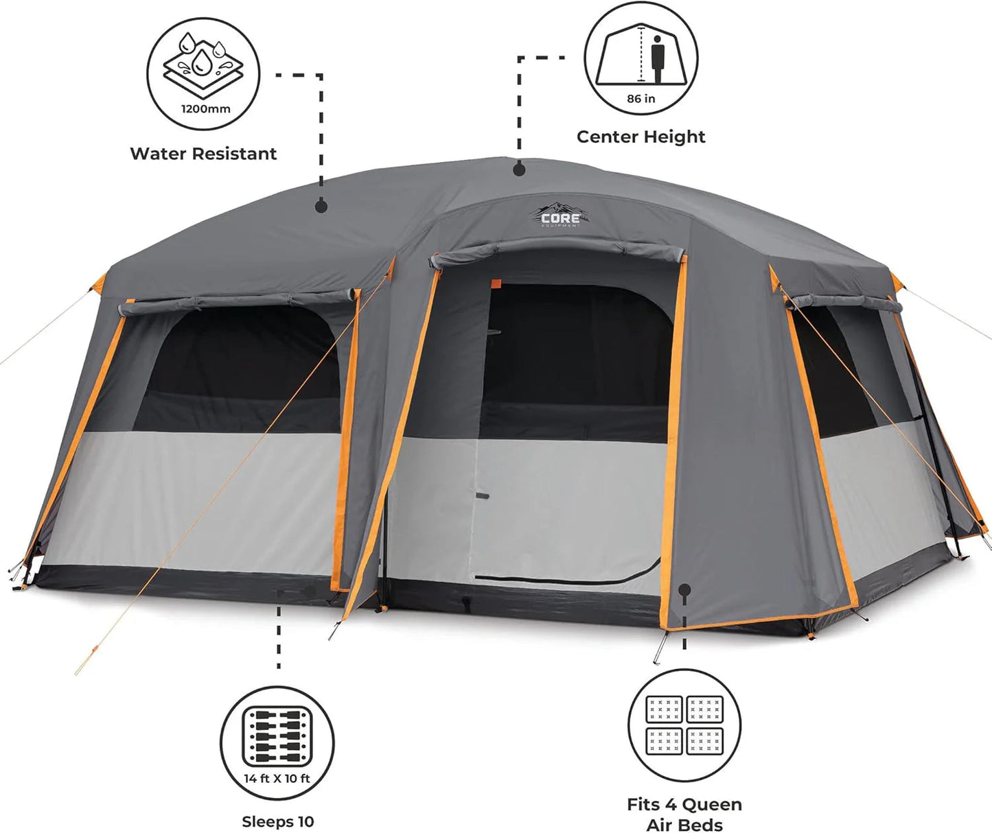 CORE Straight Wall Cabin Tents | 10 Person / 11 Person / 12 Person Large Multi Room Family Tents for Car Camping & Outdoor Adventures