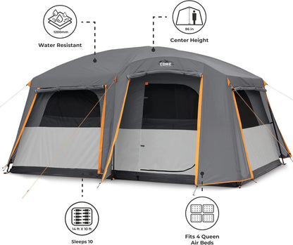 CORE Straight Wall Cabin Tents | 10 Person / 11 Person / 12 Person Large Multi Room Family Tents for Car Camping & Outdoor Adventures