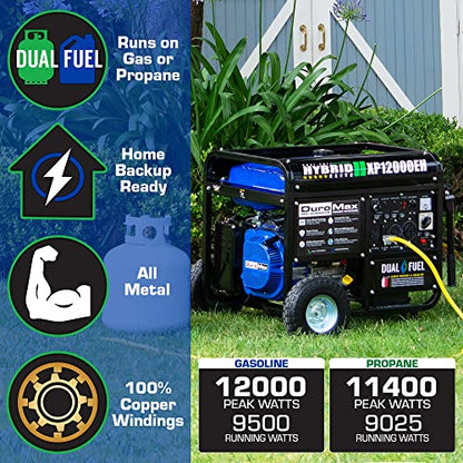 DuroMax XP12000EH Dual Fuel Generator – 12,000W Gas/Propane, 457cc 4-Stroke Engine, EPA/CARB Compliant