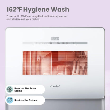 COMFEE' Portable Dishwasher Countertop with 5L Built-in Water Tank, No Hookup Needed, 6 Programs, 360° Dual Spray, 192℉ High-Temp& Air-Dry Function, Mini Dishwasher for RVs, White