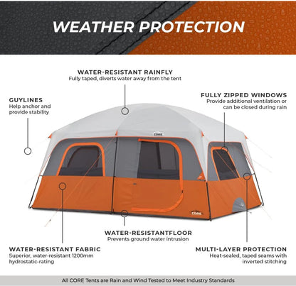 CORE Straight Wall Cabin Tents | 10 Person / 11 Person / 12 Person Large Multi Room Family Tents for Car Camping & Outdoor Adventures