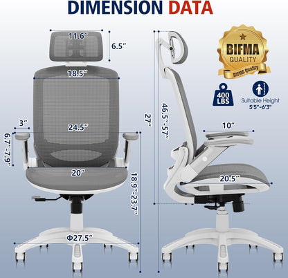 GABRYLLY Ergonomic Office Chair, High Back Home Desk Chair with Headrest, Flip-Up Arms, 90-120° Tilt Lock and Wide Cushion, Big and Tall Mesh Chairs for Man Woman, Black Task Chair