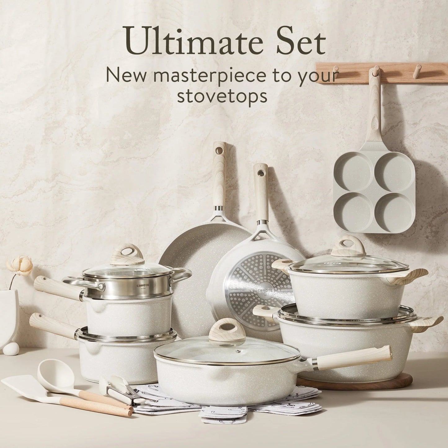 Carote 21-Piece Nonstick Cookware Set, Eco-Friendly Granite, Induction Compatible, Beige