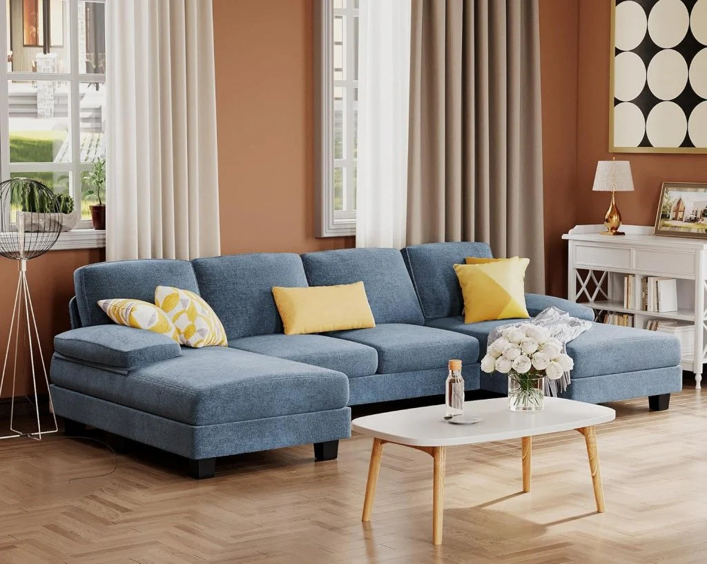 Furmax Sectional Couches for Living Room, U-Shaped Sofa Couch with Linen Fabric, 4 Seat Sofa Set with Double Chaise for Apartment (Fabric, Grey)
