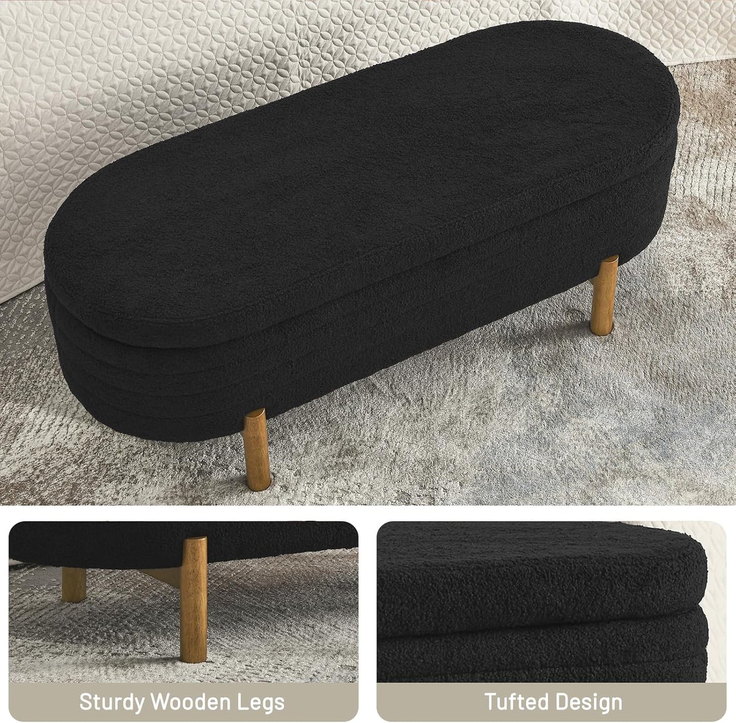Furniliving Modern Storage Ottoman Bench, Sherpa Ottoman End of Bed Bench with Solid Wood Legs Upholstered Ottoman Benches with Storage Indoor Bench for Living Room with Rolled Arm, Entryway, White
