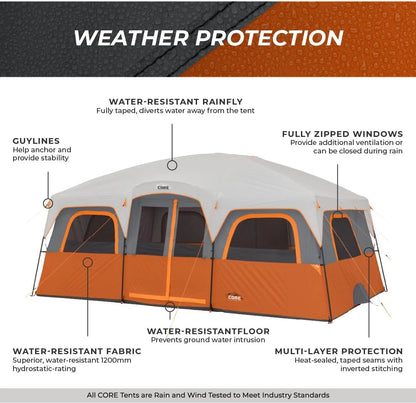 CORE Straight Wall Cabin Tents | 10 Person / 11 Person / 12 Person Large Multi Room Family Tents for Car Camping & Outdoor Adventures