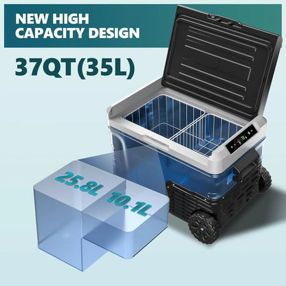 EUHOMY 12 Volt Refrigerator, 37QT(35L) Electric Cooler, Portable Freezer 12V/24V DC 110-240V AC, 12V Fridge -4℉~68℉, 12V Cooler with Wheels & 2 Baskets for Travel, Truck, Boat, Camping