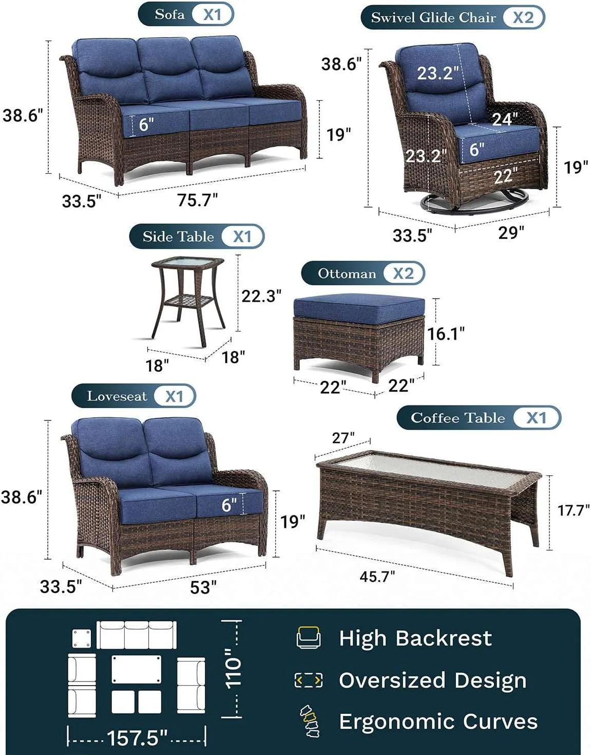 Outdoor Swivel Rocker Patio Chairs with 6-Inch Thick Cushions and Side Table, 3PCS High Back Wicker Patio Furniture Set for Porch, Balcony, Deck and Yard in Blue
