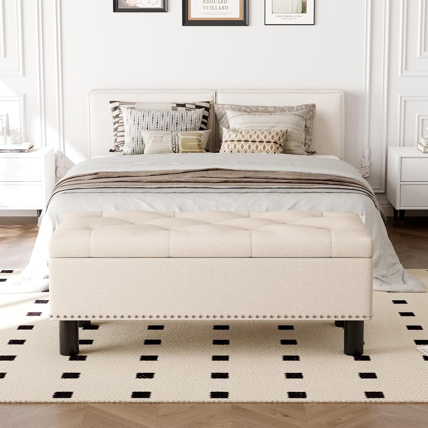 Furniliving Modern Storage Ottoman Bench, Sherpa Ottoman End of Bed Bench with Solid Wood Legs Upholstered Ottoman Benches with Storage Indoor Bench for Living Room with Rolled Arm, Entryway, White