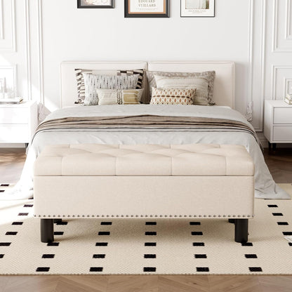 Furniliving Modern Storage Ottoman Bench, Sherpa Ottoman End of Bed Bench with Solid Wood Legs Upholstered Ottoman Benches with Storage Indoor Bench for Living Room with Rolled Arm, Entryway, White