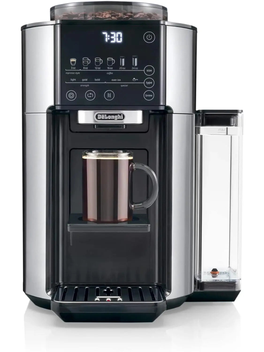 De'Longhi TrueBrew Drip Coffee Maker with Built-in Grinder, Programmable, 6 Brew Sizes, 5 Styles, Stainless Steel, Silver Black
