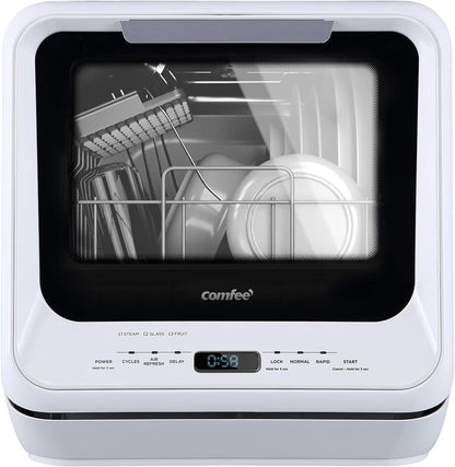 COMFEE' Portable Dishwasher Countertop with 5L Built-in Water Tank, No Hookup Needed, 6 Programs, 360° Dual Spray, 192℉ High-Temp& Air-Dry Function, Mini Dishwasher for RVs, White
