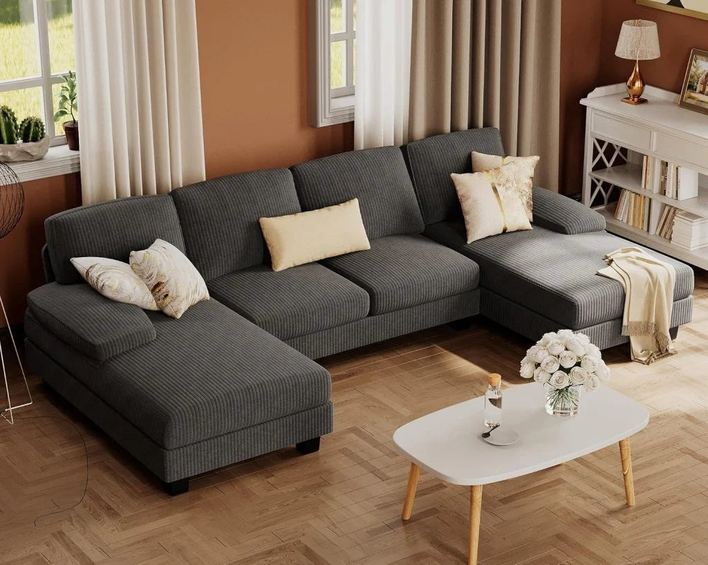 Furmax Sectional Couches for Living Room, U-Shaped Sofa Couch with Linen Fabric, 4 Seat Sofa Set with Double Chaise for Apartment (Fabric, Grey)