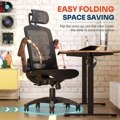 GABRYLLY Ergonomic Office Chair, High Back Home Desk Chair with Headrest, Flip-Up Arms, 90-120° Tilt Lock and Wide Cushion, Big and Tall Mesh Chairs for Man Woman, Black Task Chair