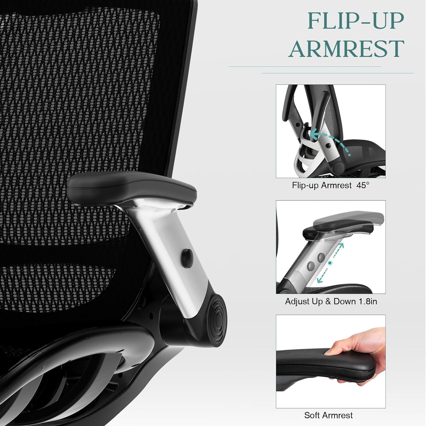 Ergonomic Mesh Office Chair, High Back Desk Chair - Adjustable Headrest with Flip Arm, Tilt Function, Lumbar Support and PU Wheels, Swivel Computer Work Chair