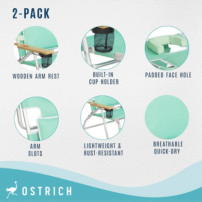 Deluxe 3 in 1 Beach Chair with Face Opening - Portable, Reclining Lounger for Tanning - Face Hole for Reading on Stomach - Padded Footrest, Removable Pillow - Aluminum