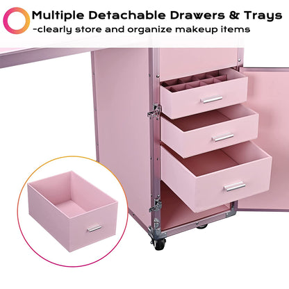 Byootique Portable Nail Desk & Makeup Station with Mirror, 4 Drawers, Bluetooth, USB, Pink