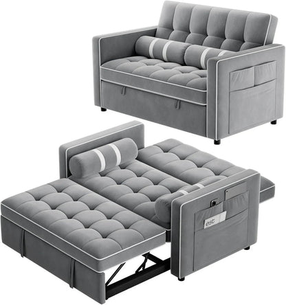 Pipishell 3 in 1 Convertible Sleeper Sofa Bed,Pull Out Couch for Living Room with USB Ports & Side Pockets,Adjustable Backrest,Velvet,Loveseat Sofa Bed,Futon Couches,Black