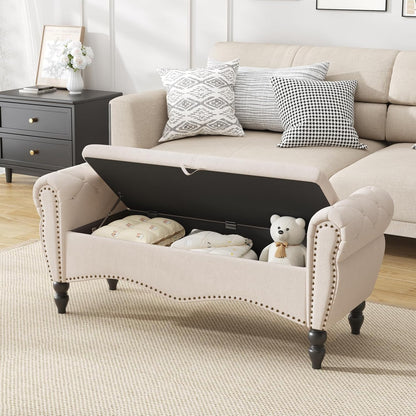 Furniliving Modern Storage Ottoman Bench, Sherpa Ottoman End of Bed Bench with Solid Wood Legs Upholstered Ottoman Benches with Storage Indoor Bench for Living Room with Rolled Arm, Entryway, White