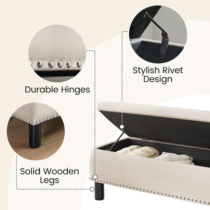 Furniliving Modern Storage Ottoman Bench, Sherpa Ottoman End of Bed Bench with Solid Wood Legs Upholstered Ottoman Benches with Storage Indoor Bench for Living Room with Rolled Arm, Entryway, White
