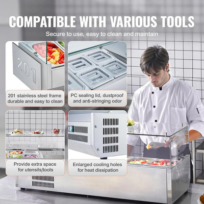 Refrigerated Condiment Prep Station, 135 W Countertop Refrigerated Condiment Station, with 2 1/3 Pans & 4 1/6 Pans, 304 Stainless Body and PC Lid, Sandwich Prep Table with Stainless Guard, ETL