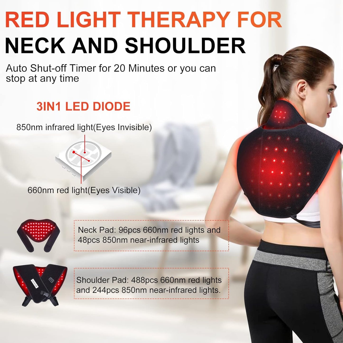 Red Light Therapy for Neck and Shoulder Pain Relief 850nm Near Infrared Therapy Set Wearable Wrap Devices for Upper Back Neck Shoulders Body Muscle Relax Home Use Treatment Pad FDA Cleared