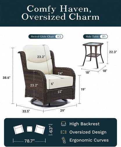 Outdoor Swivel Rocker Patio Chairs with 6-Inch Thick Cushions and Side Table, 3PCS High Back Wicker Patio Furniture Set for Porch, Balcony, Deck and Yard in Blue